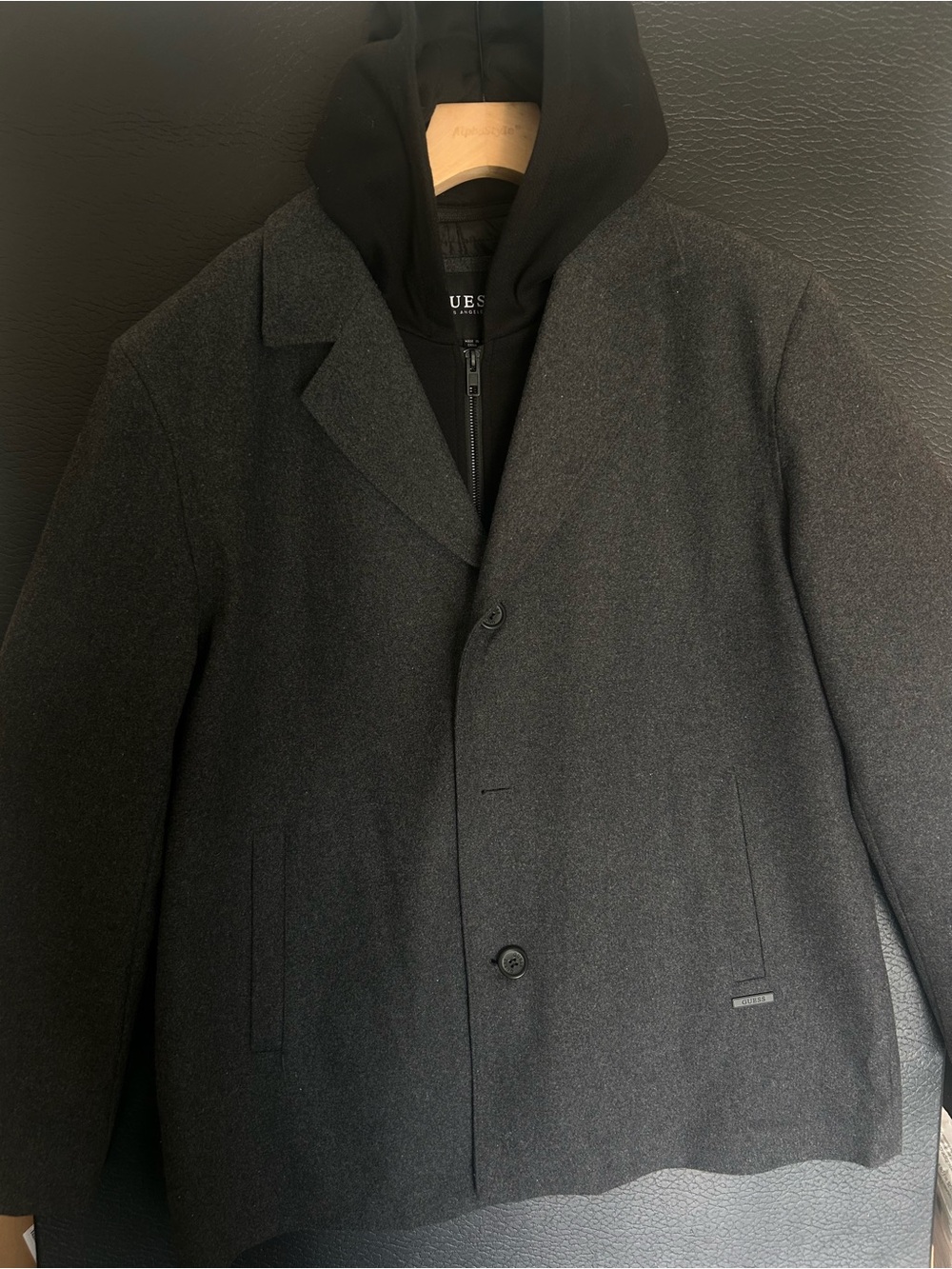 GUESS Men’s Black Hooded Wool-Blend Pea Coat